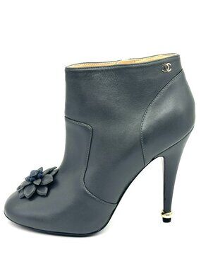 CHANEL 15A Leather Camellia Flower Ankle Booties Boots Heels Shoes